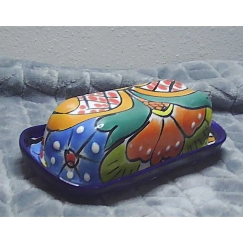 Talavera Butter Dish Hand Painted Floral Folk Art Pottery Mexico 7x3.25x2.5